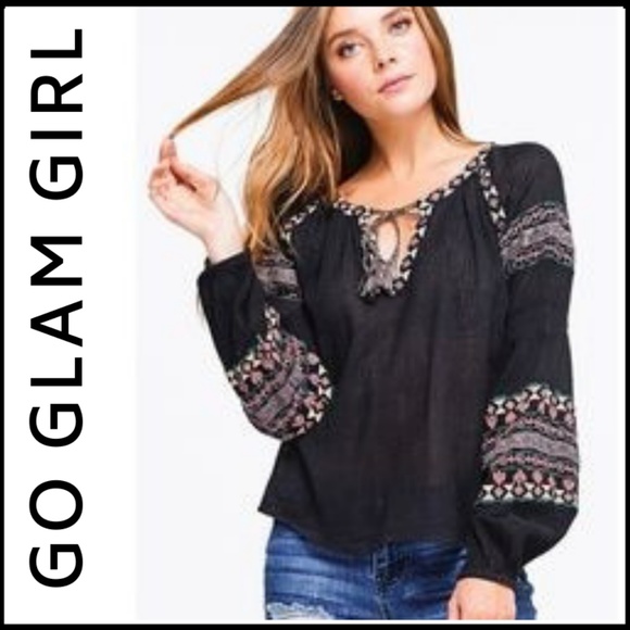 Glam Girl Fashion Tops - BOHO BEAUTIFUL! Blouson Sleeve Embroidered Top